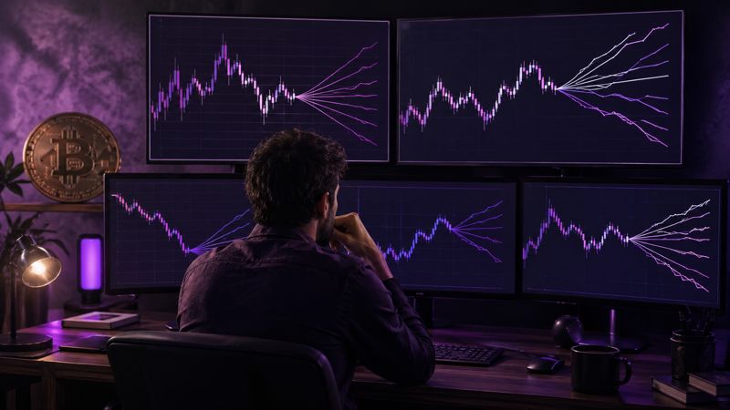 Bitcoin forecast divergence shown across multiple analyst screens with conflicting price predictions