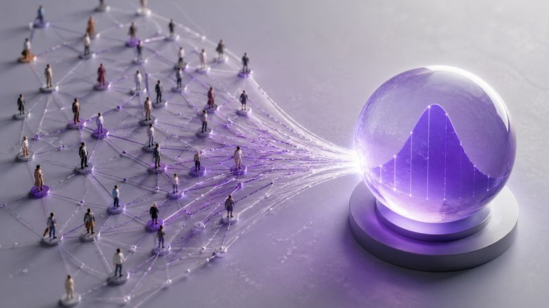 Collective forecast price discovery mechanism in prediction markets shown as converging data network
