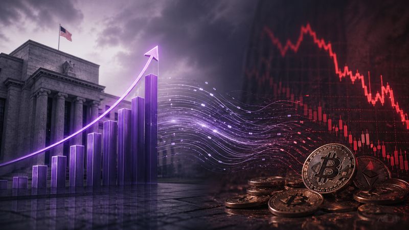Interest rate increase and crypto market decline relationship shown through diverging economic indicators