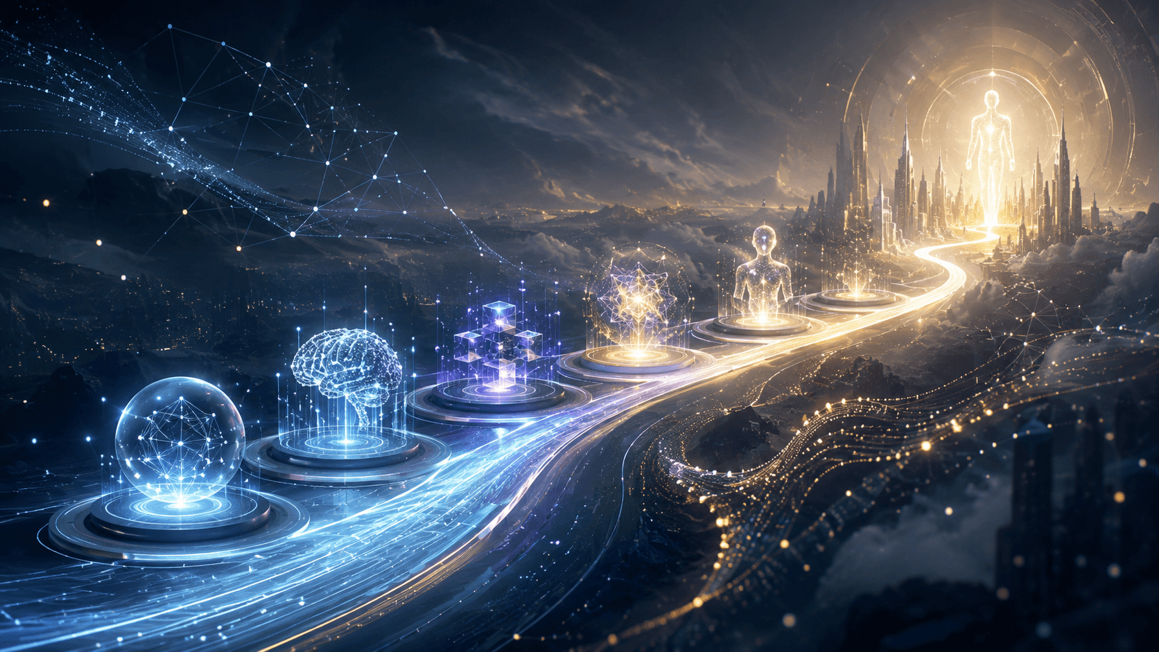 AGI timeline forecast concept with glowing path representing artificial intelligence development trajectory