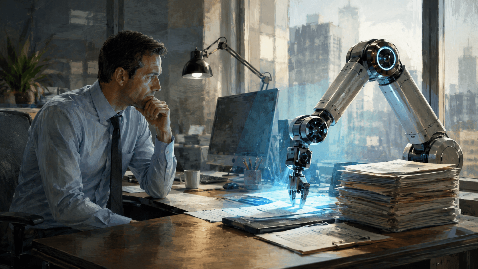 AI automation replacing jobs concept with robot and human workspace in 2026