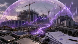 AI capex bubble concept with data center construction and financial market risk