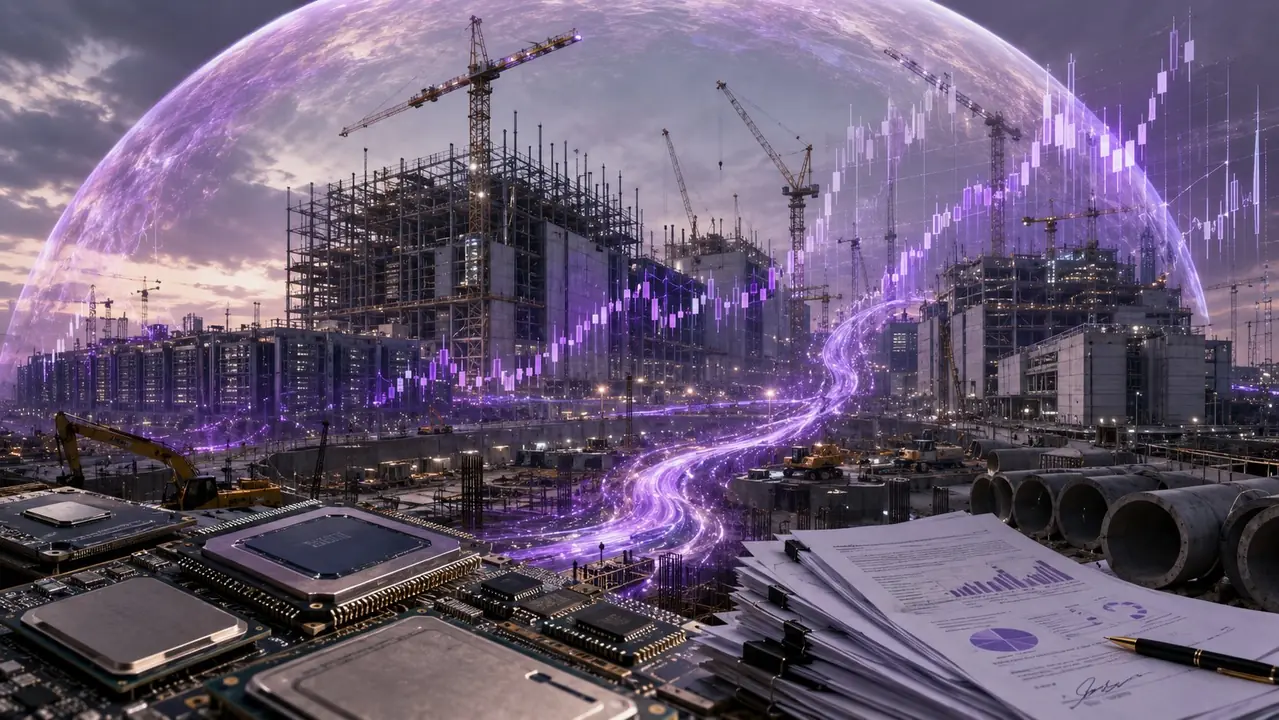 AI capex bubble concept with data center construction and financial market risk