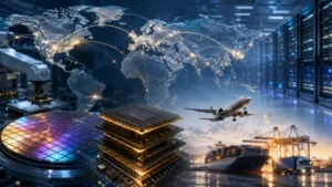 AI chip supply chain concept with semiconductors and data center infrastructure