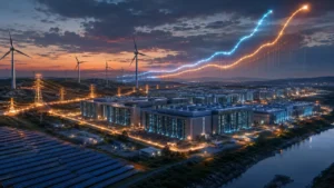 AI data center energy demand concept with power grid infrastructure