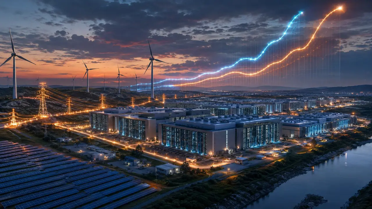 AI data center energy demand concept with power grid infrastructure