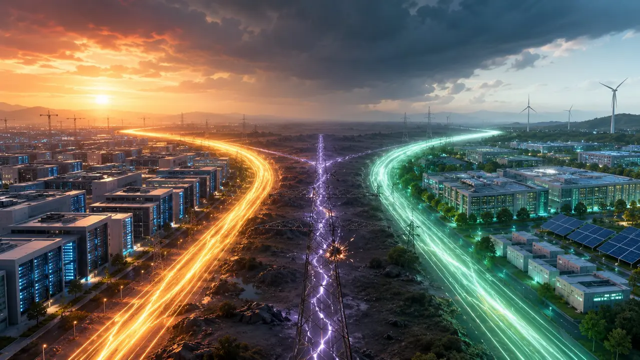 AI data center energy scenarios shown as diverging power grid paths