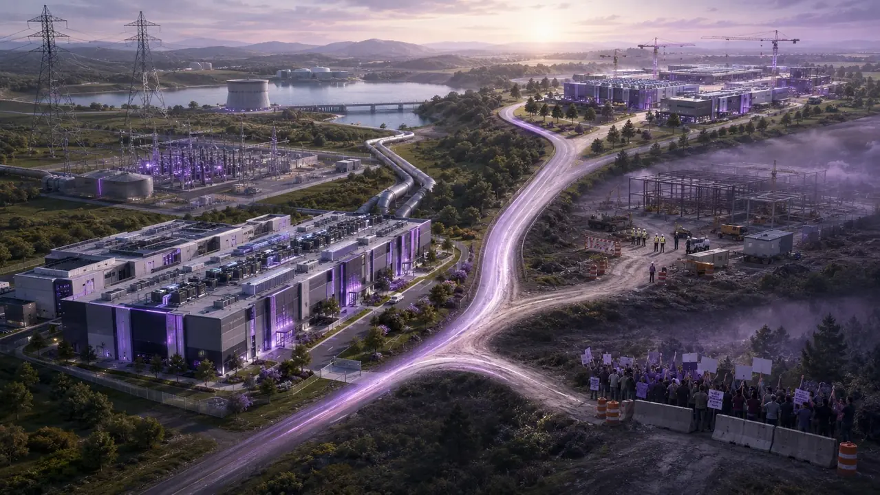 AI data center regulation scenarios with approval delay and local opposition paths