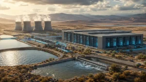 AI data center water use concept with cooling systems and water stress