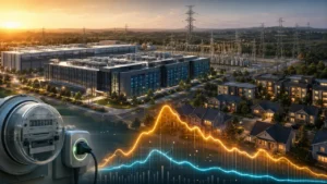 AI data centers and electricity prices concept with grid and residential power demand