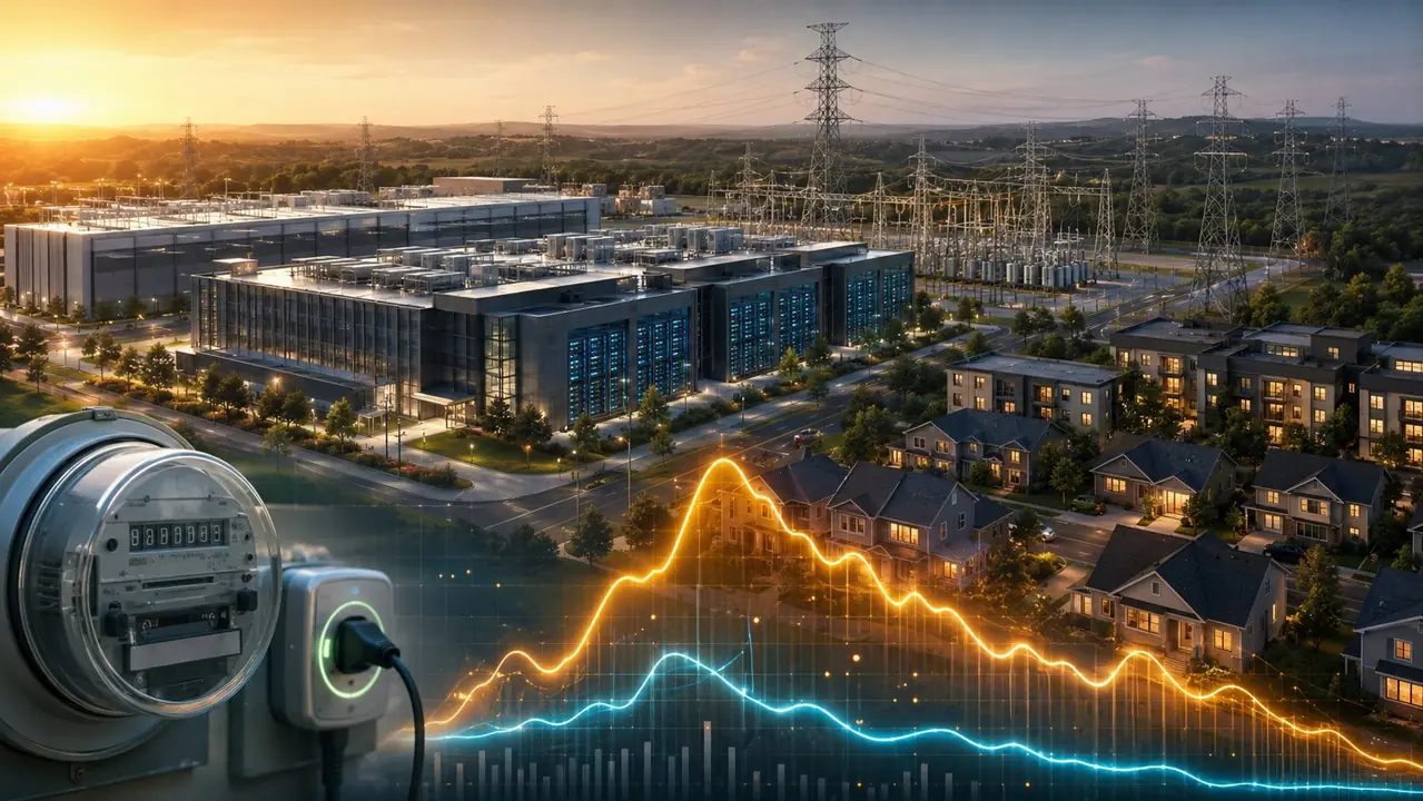 AI data centers and electricity prices concept with grid and residential power demand