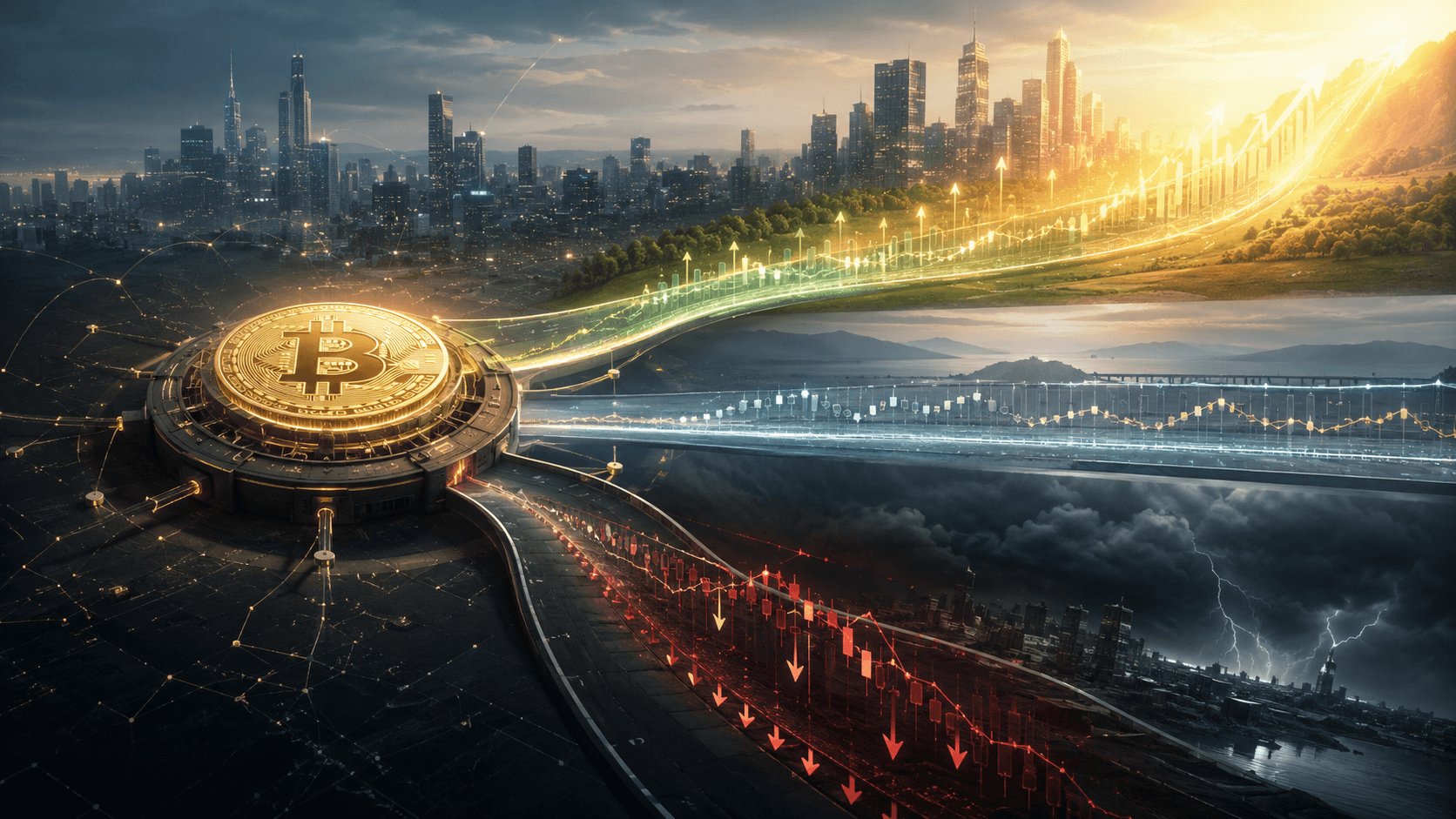 Bitcoin ETF flow scenarios shown as diverging market pathways