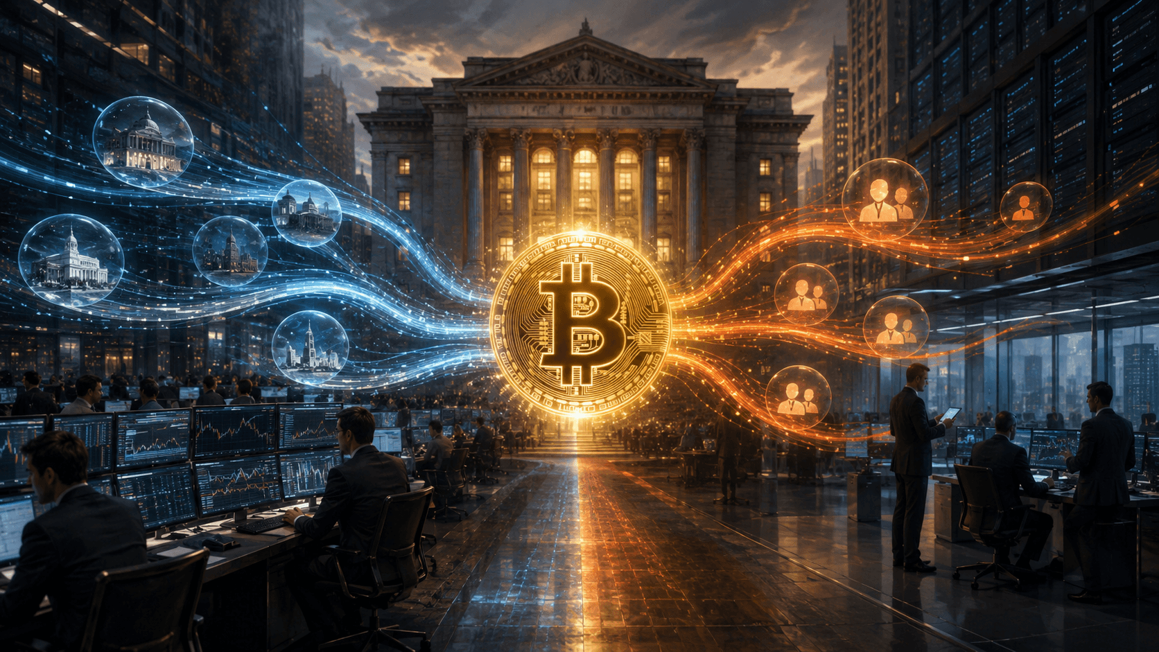 Bitcoin ETF flows concept with institutional demand and market data streams