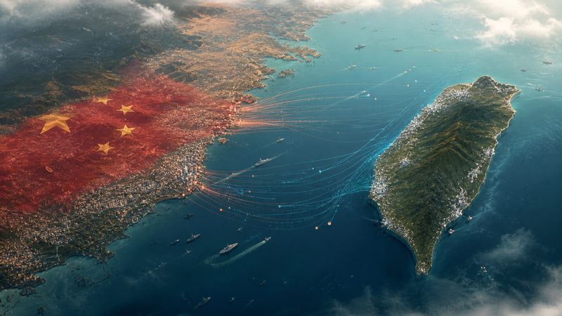 China Taiwan geopolitical tension concept with strait separation and strategic data flows