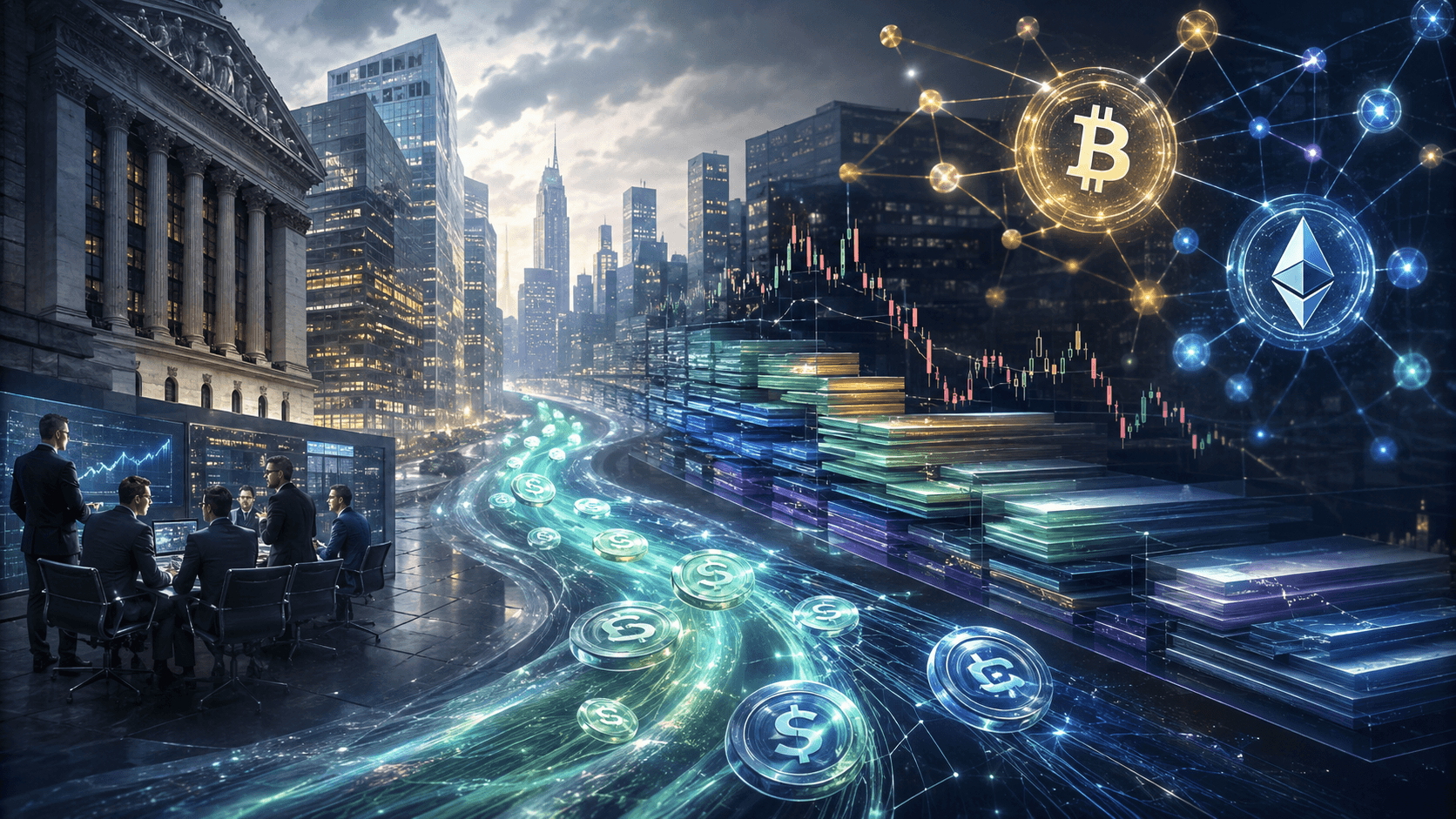 Crypto liquidity concept with market depth stablecoins Bitcoin and Ethereum flows