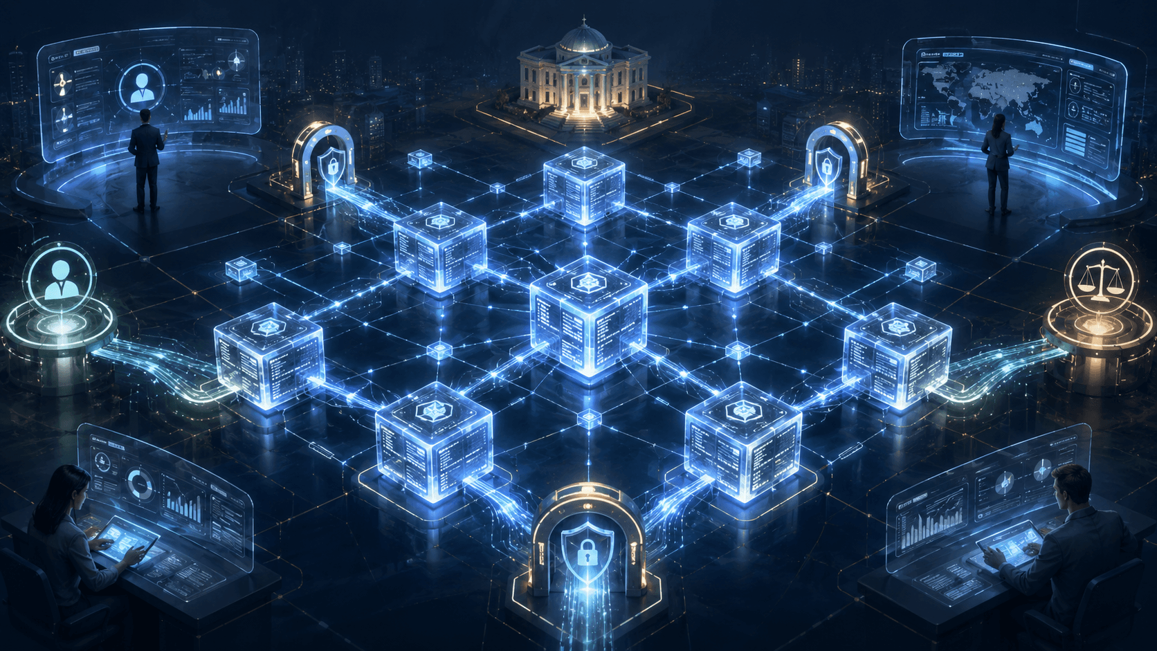 DeFi protocol network with regulatory checkpoints and interface gateways