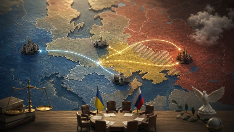 Eastern European geopolitical map concept showing conflict zones and diplomatic pathway connections