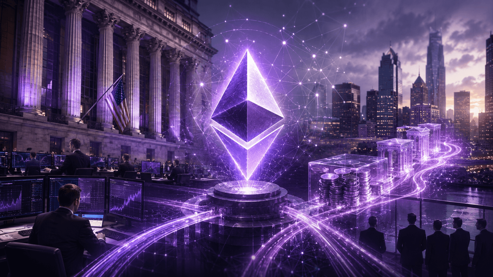 Ethereum ETF demand concept with institutional fund flows and blockchain layers