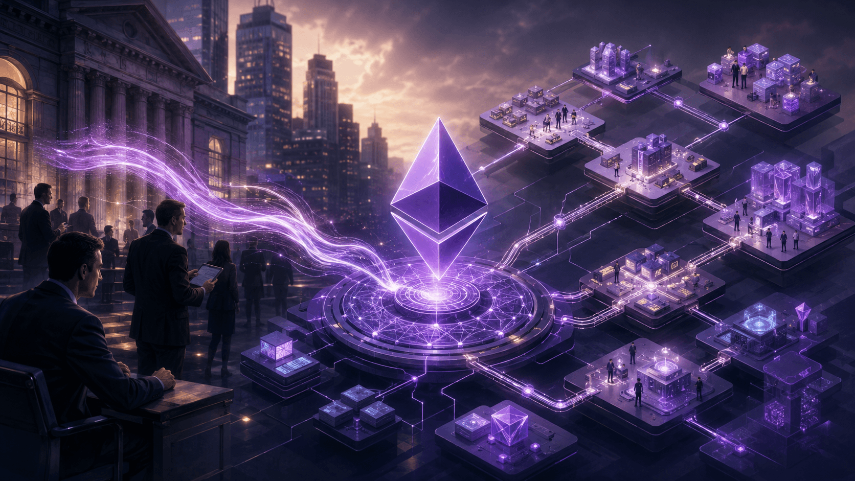 Ethereum ecosystem with ETF flows connecting to DeFi staking and Layer 2 networks