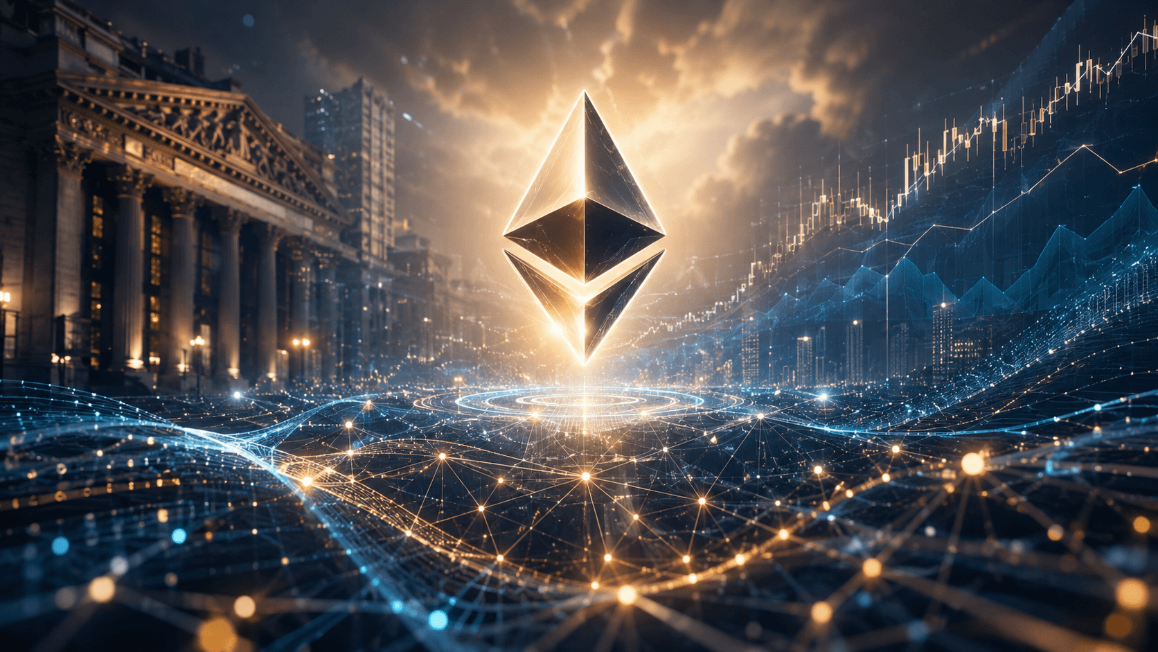 Ethereum price forecast concept with market data and blockchain network signals