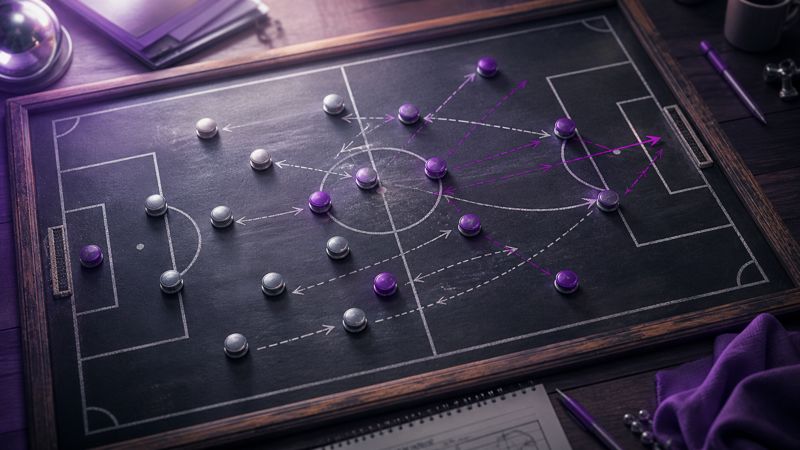 Football tactical analysis board showing Champions League knockout probability paths and formation strategies