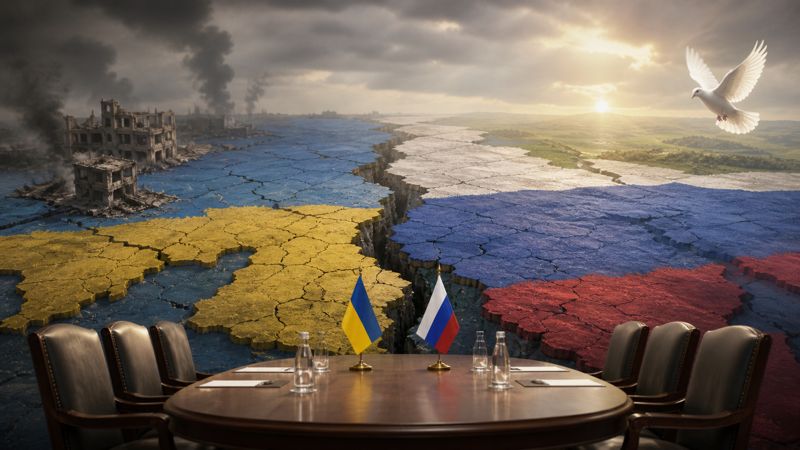 Geopolitical conflict resolution concept with diplomatic negotiation and divided territory imagery