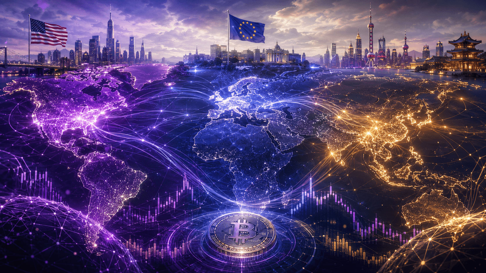 Global crypto regulation zones with market data streams across regions