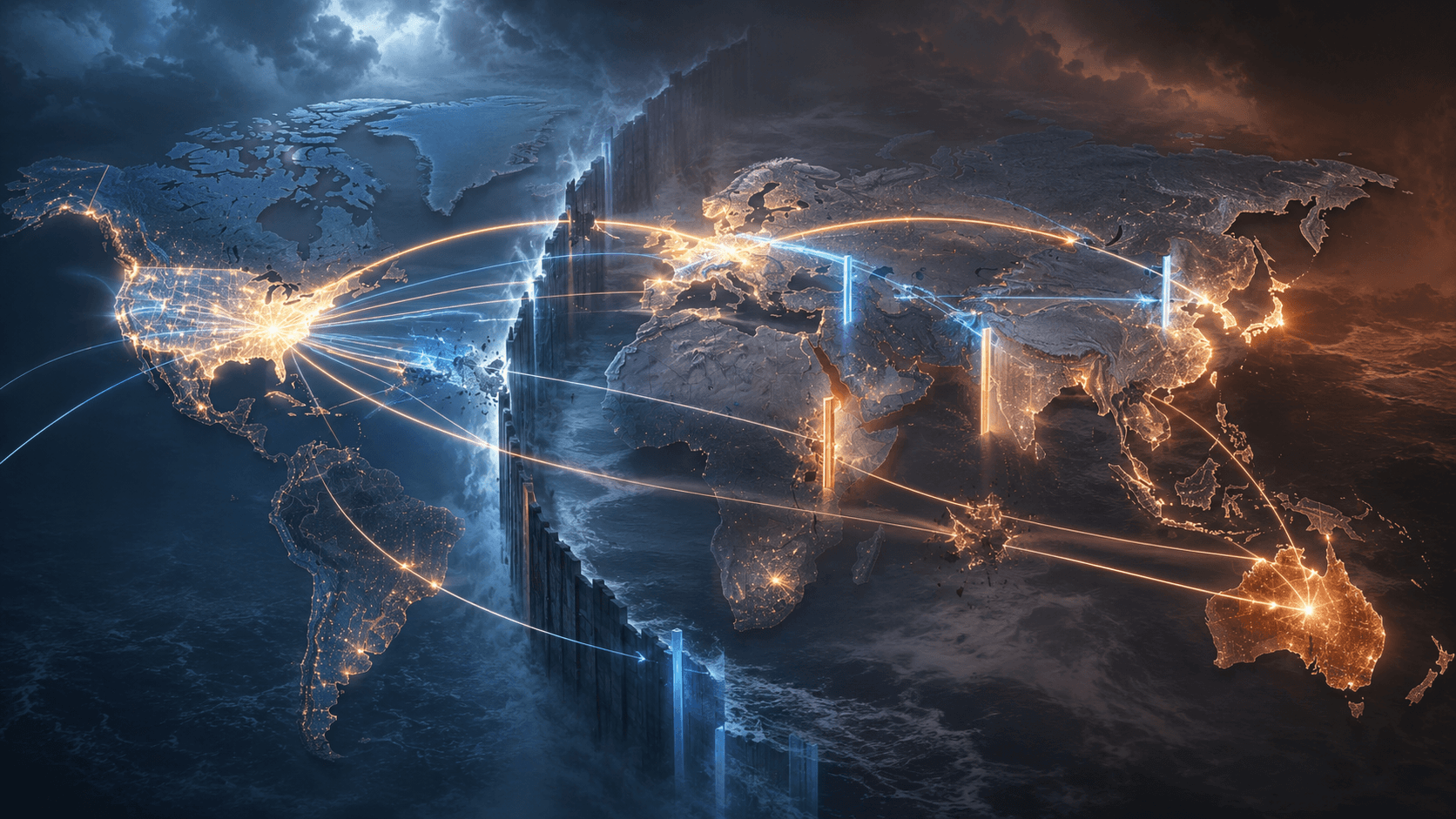 Global trade impact of Trump tariffs 2026 with world map and trade flow visualization