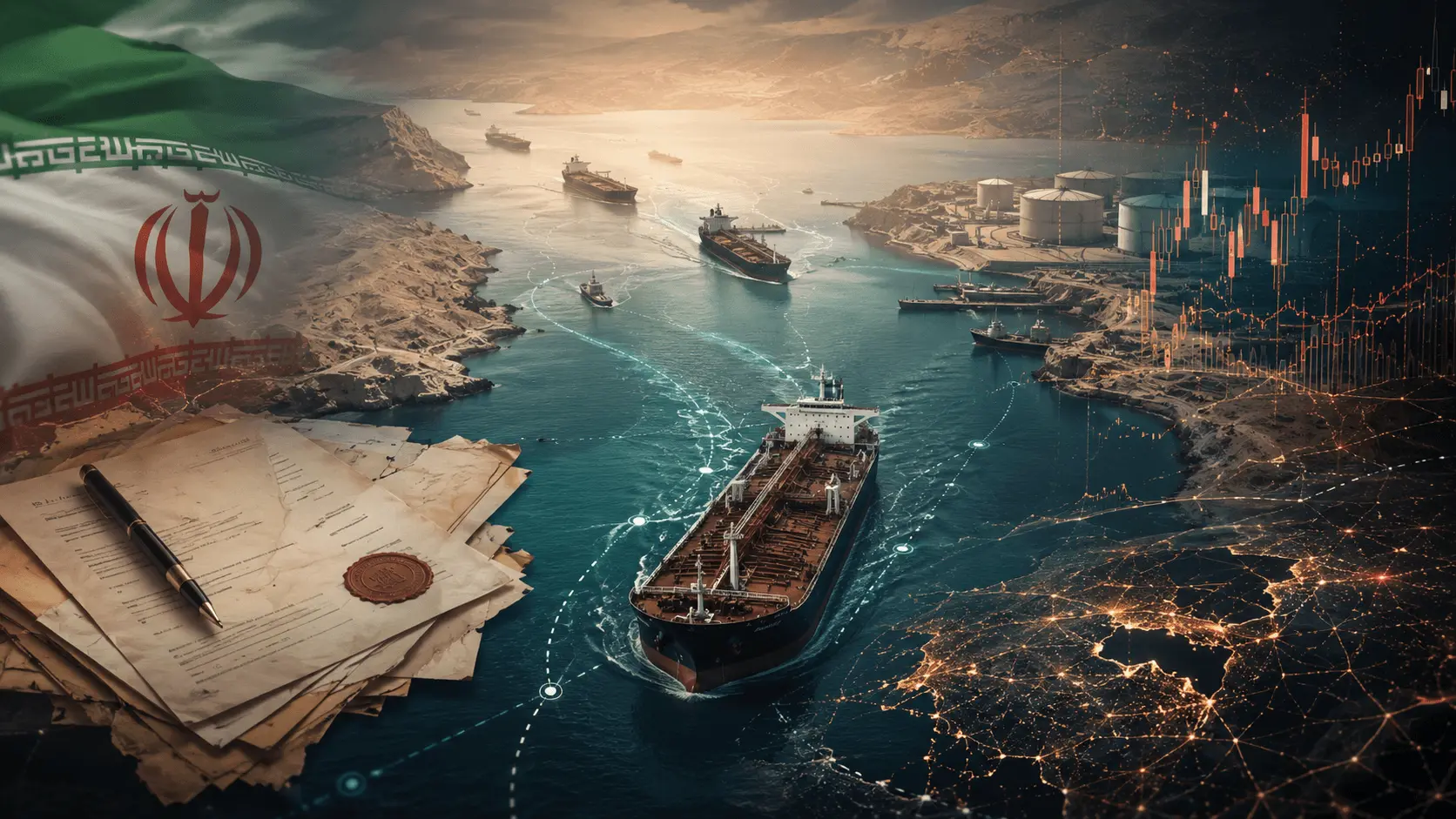 Iran sanctions and oil supply risk concept with shipping routes and market data