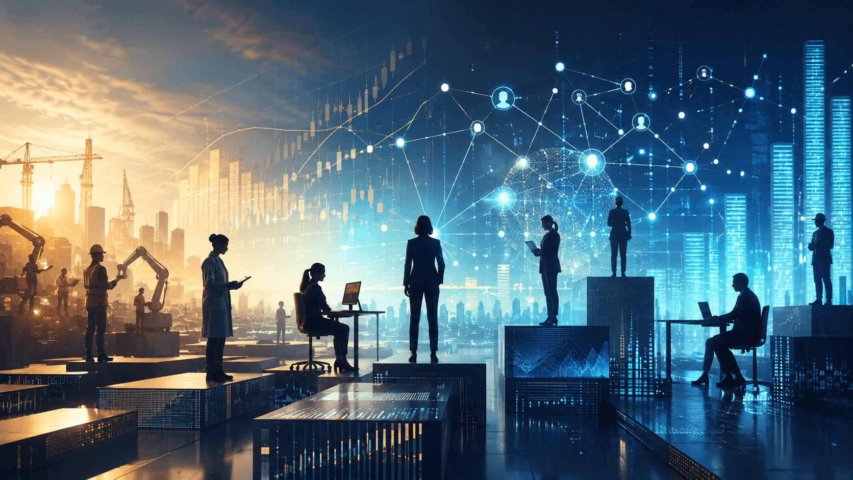 Job market transformation showing AI impact on employment sectors 2026