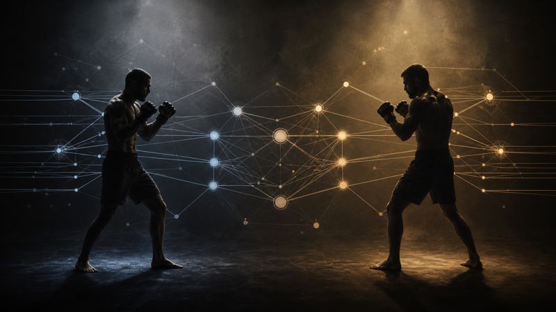 MMA fight prediction data model showing fighter analytics and probability connections
