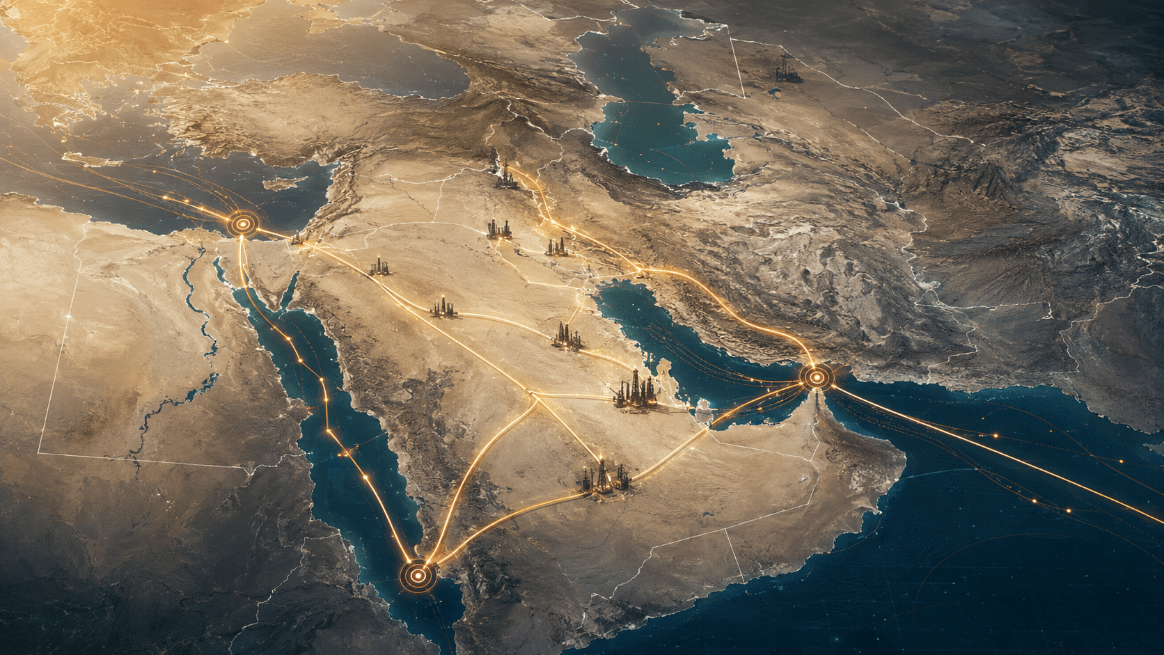 Map showing Middle East oil routes and key geopolitical risk zones
