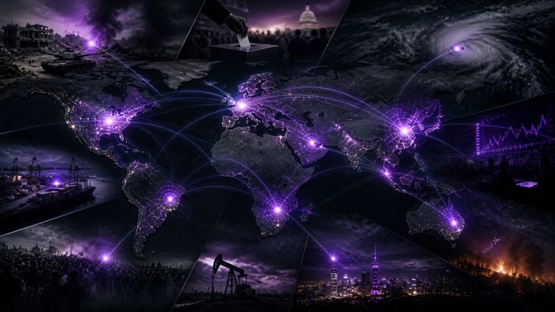 Multiple simultaneous geopolitical events shown as prediction market attention nodes on global map