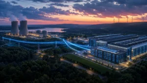 Nuclear power and AI data center energy infrastructure concept