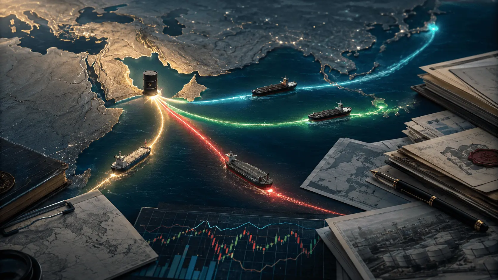 Oil supply scenarios showing sanctions, shipping routes, and market risk paths