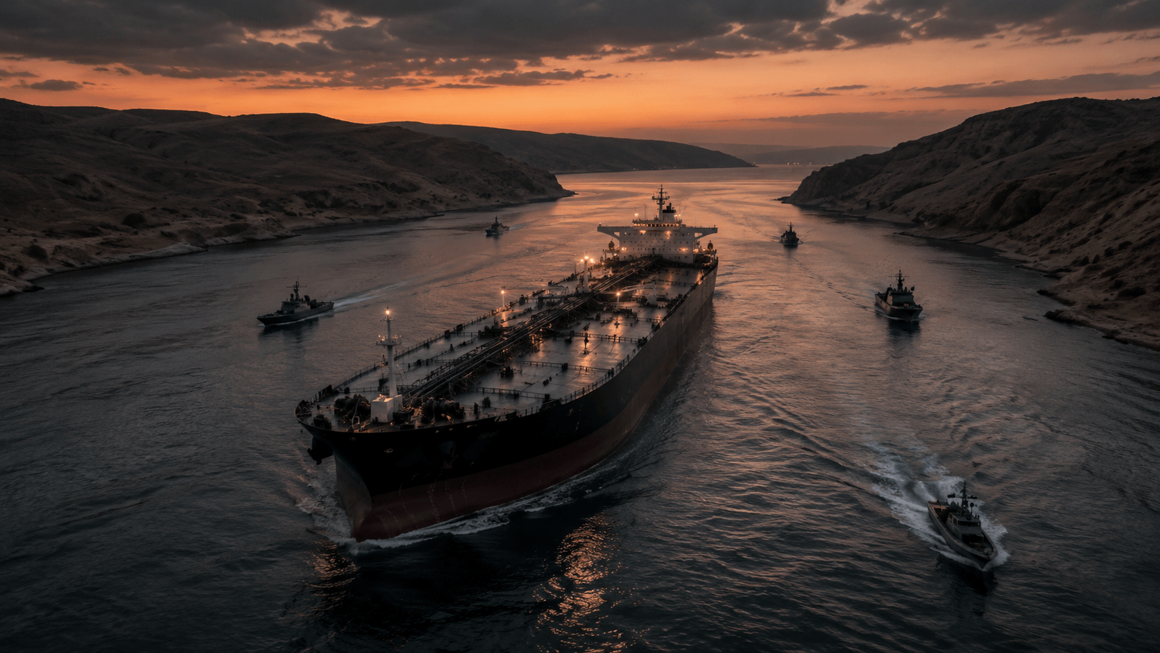 Oil tanker in a strategic Middle East waterway with geopolitical tension