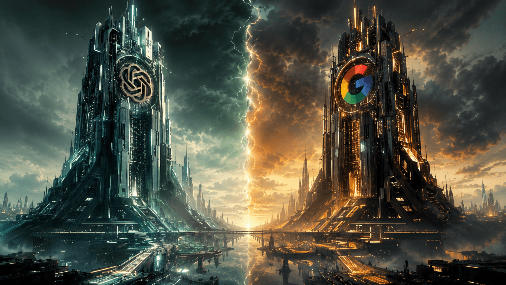 OpenAI vs Google AI race 2026 corporate competition visualization with competing technology structures