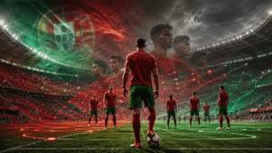 Portugal World Cup 2026 prediction concept with stadium and probability paths