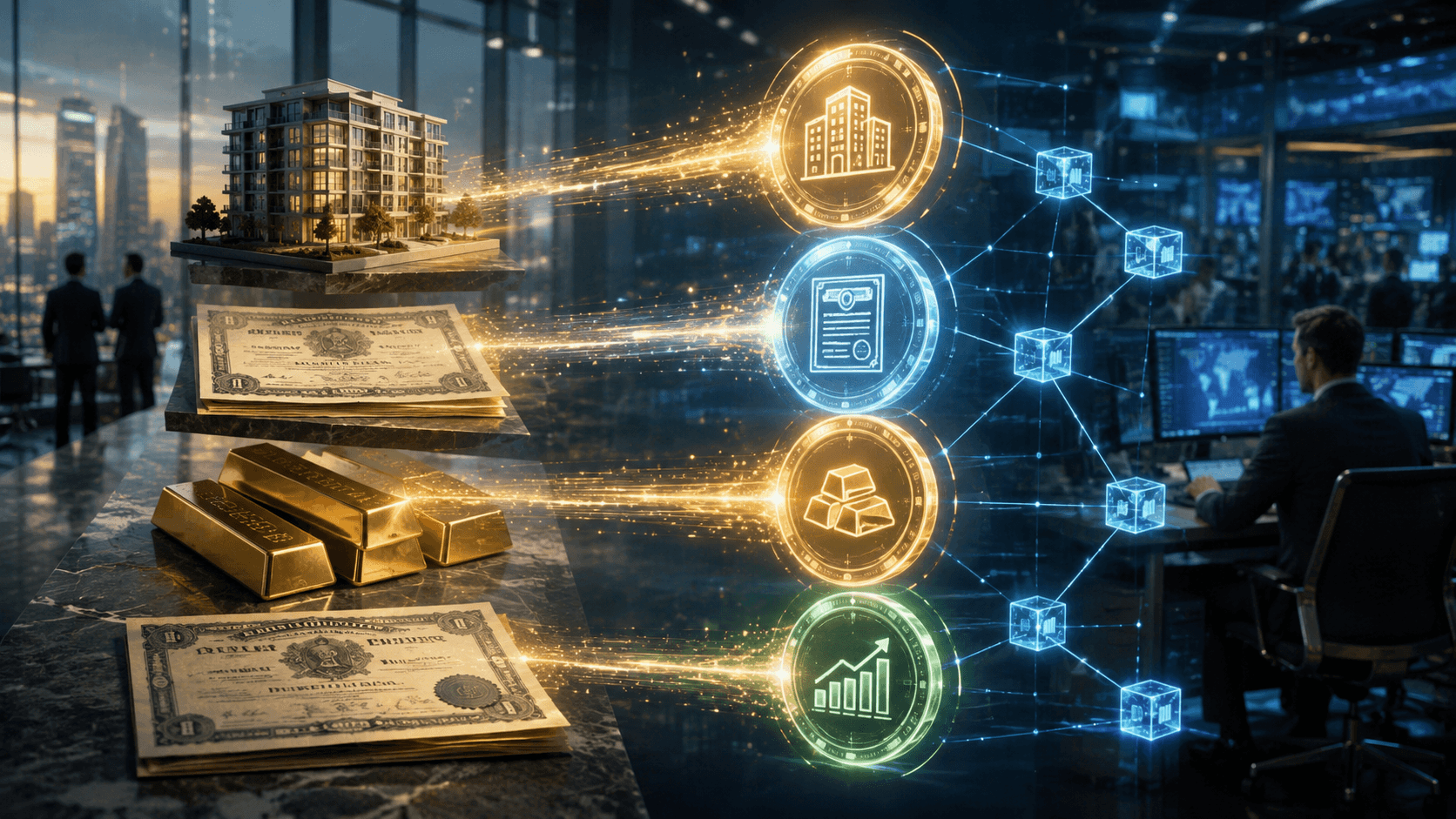 Real-world asset tokenization concept with traditional assets becoming blockchain tokens