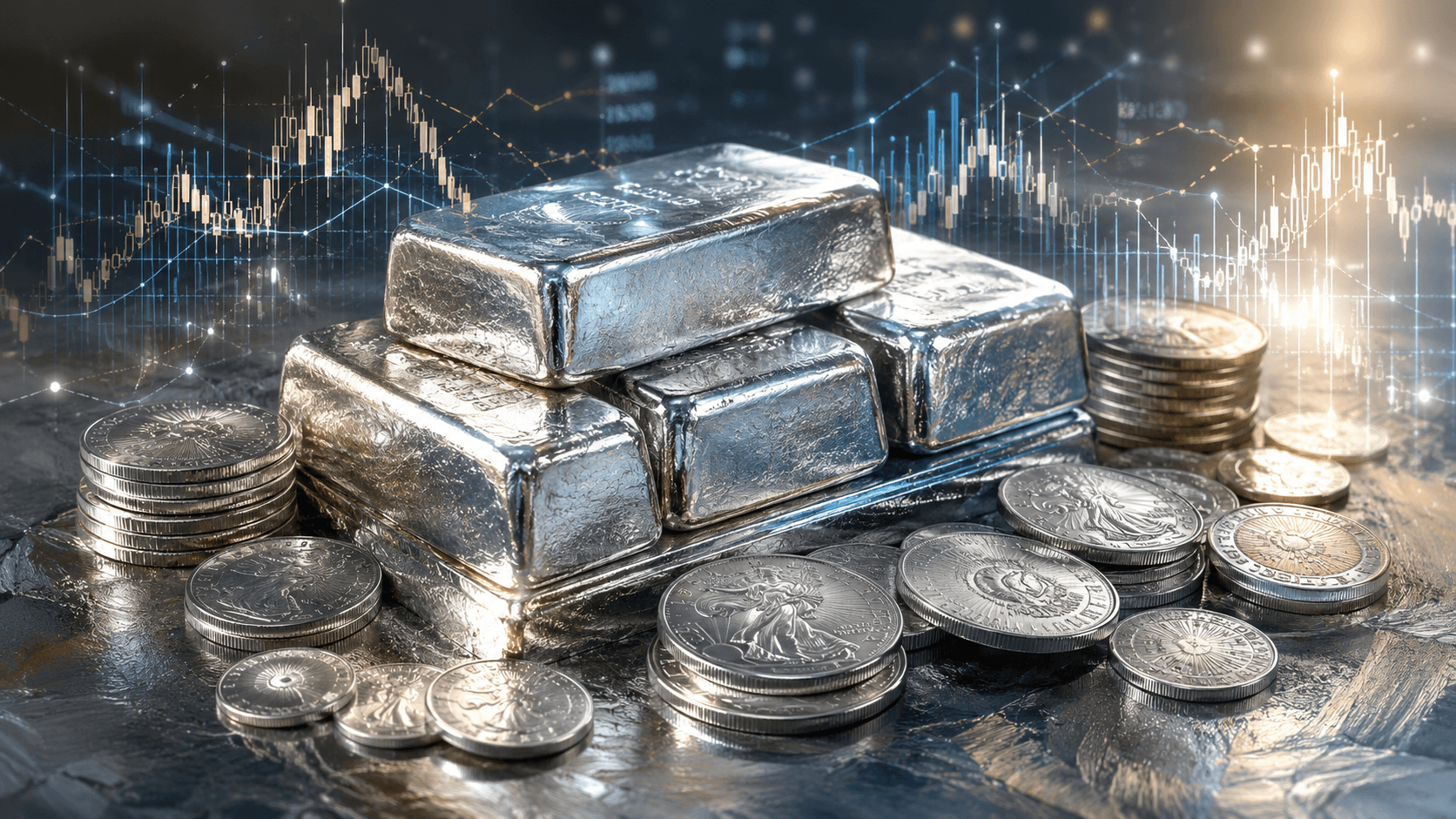 Silver price prediction 2026 with precious metal bars and financial data concept
