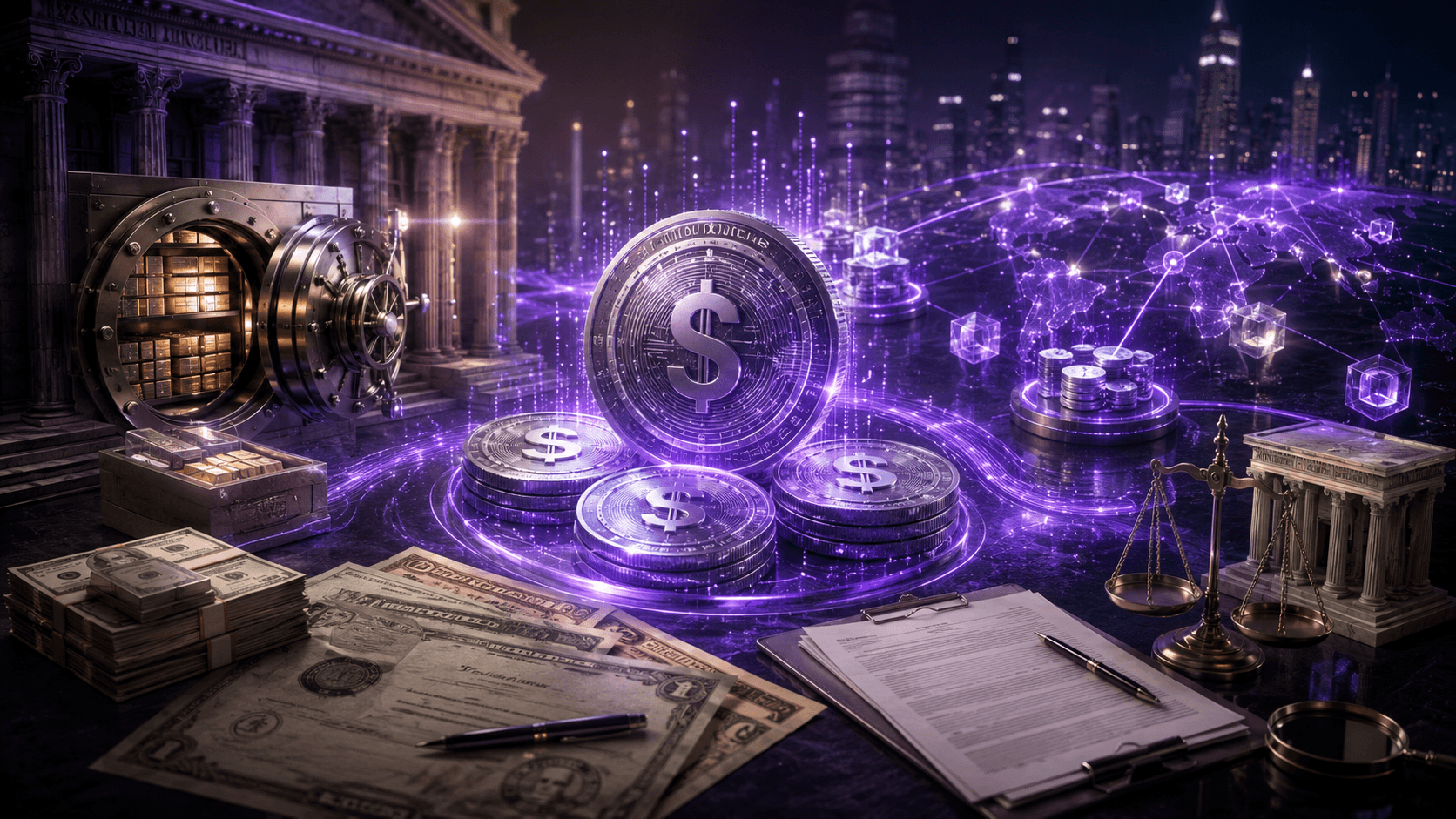 Stablecoin regulation concept with reserve assets and crypto liquidity streams
