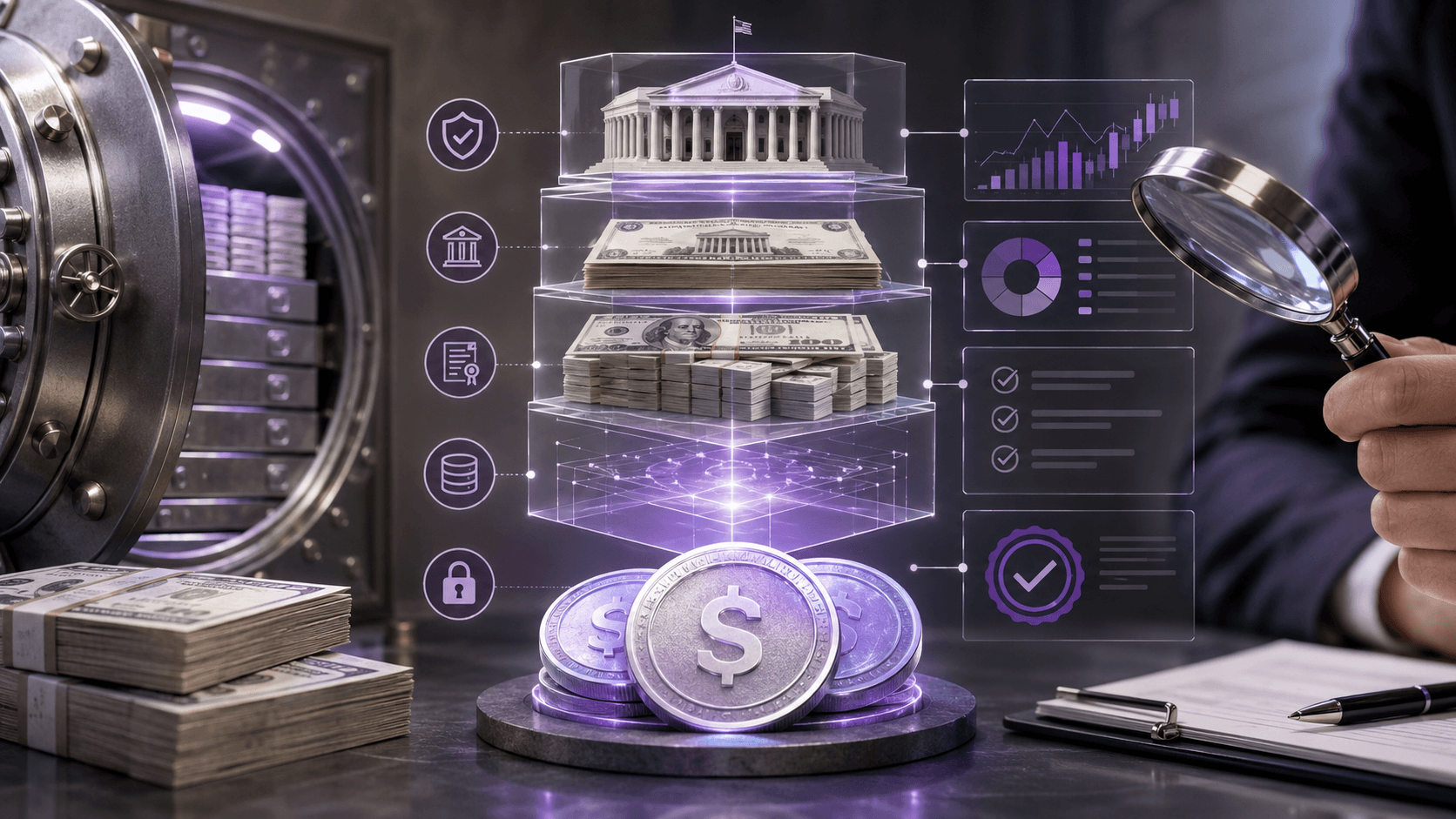 Stablecoin reserve structure with token backing and transparency layers