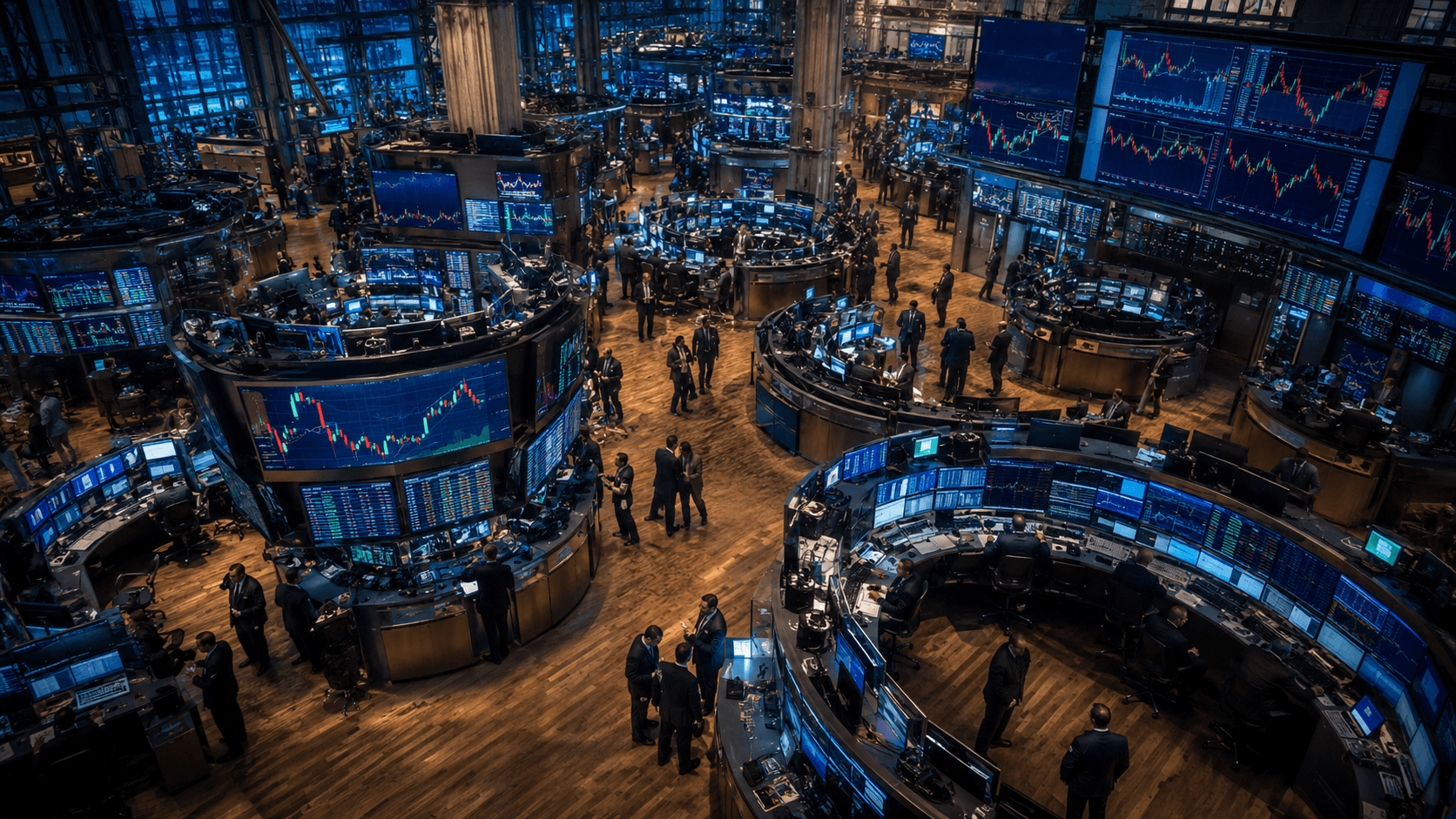 Stock market forecast 2026 with trading floor and financial data visualization