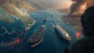 Strait of Hormuz risk concept with tankers and market data