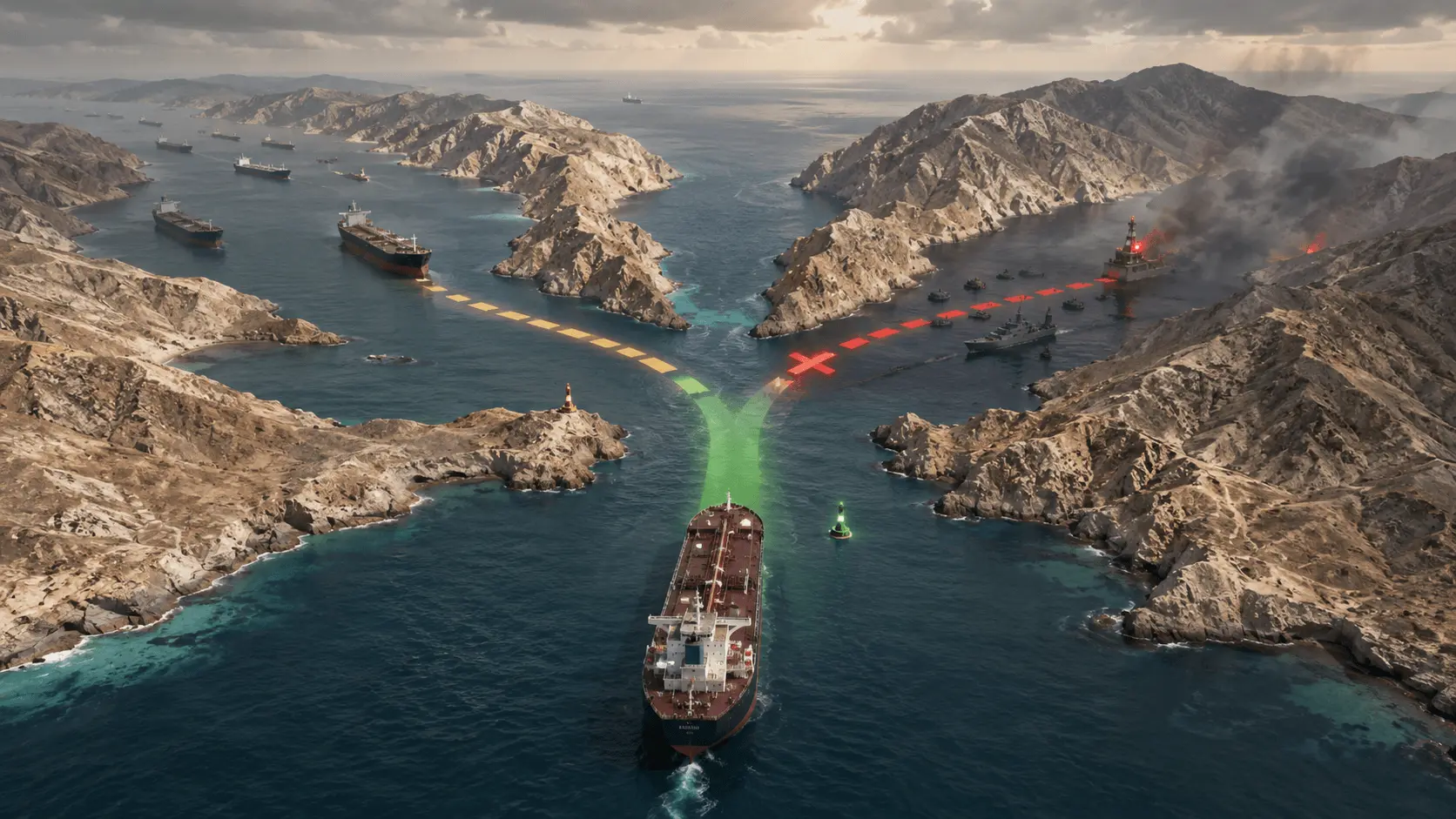 Strait of Hormuz scenarios showing clear, delayed, and disrupted tanker routes