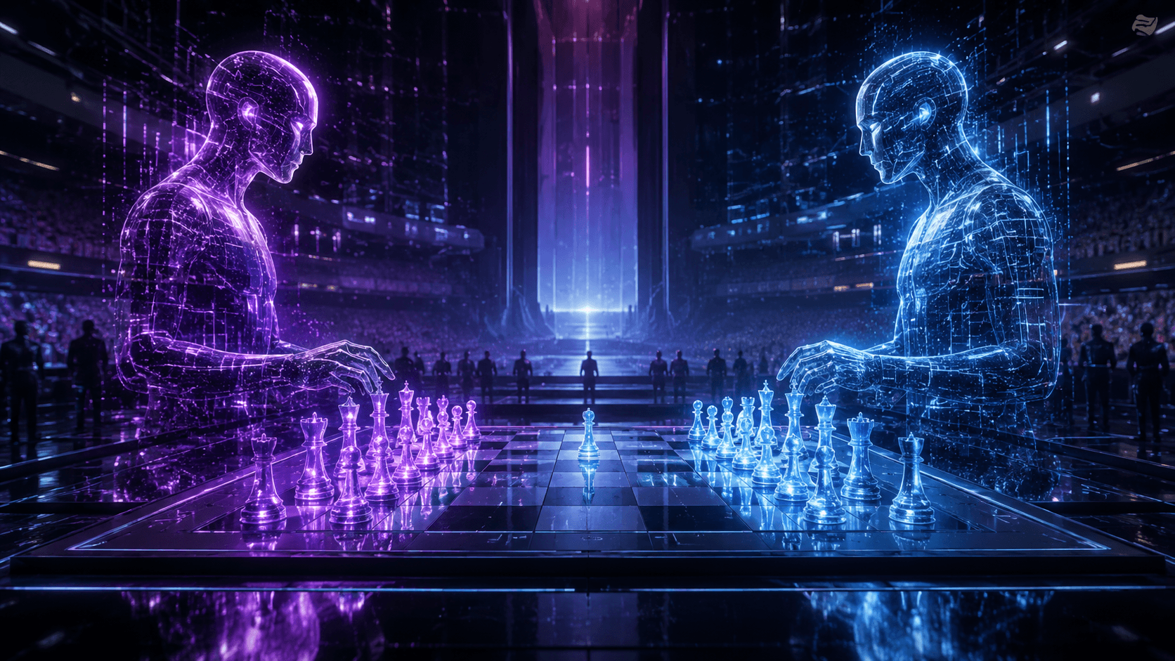 Strategic AI competition between OpenAI and Google visualized as a corporate chess match in 2026