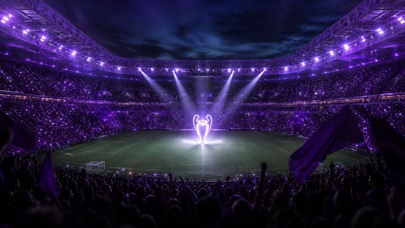 UEFA Champions League stadium night atmosphere with trophy concept and crowd