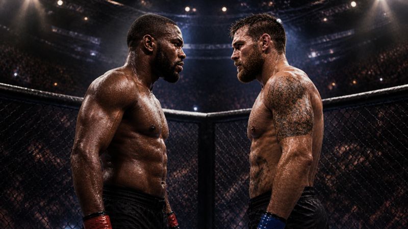 UFC MMA fighters facing off in octagon with dramatic arena lighting and crowd