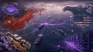 US-China tensions 2026 concept with trade routes, chips, rare earths, and AI signals