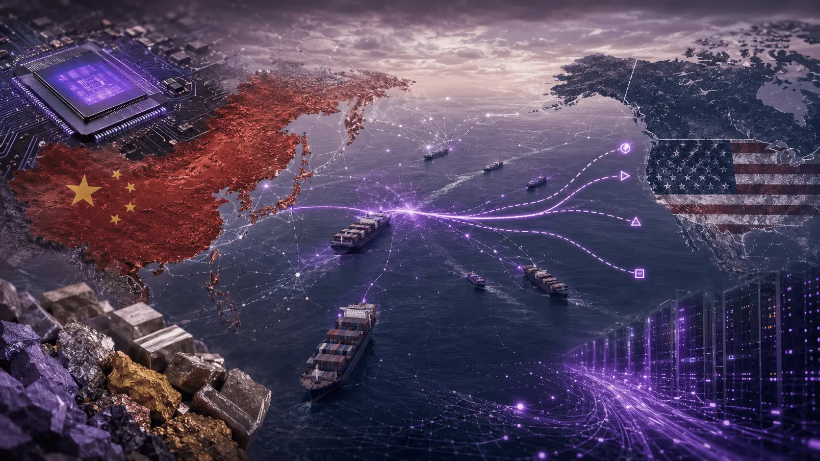 US-China tensions 2026 concept with trade routes, chips, rare earths, and AI signals